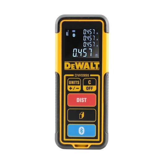 DEWALT DW099S laser distance measurer with an illuminated digital display showing multiple measurement readings. The device has a yellow and black body, with labeled buttons for functions such as units, distance, and Bluetooth.