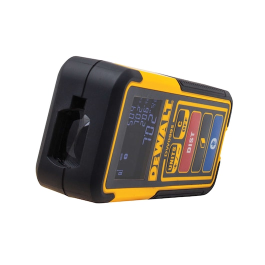 A DEWALT DW099S electronic laser distance measurer, featuring a yellow and black design, digital screen displaying measurements, and several control buttons on the front.