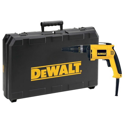 A DEWALT branded electric screwdriver is shown next to a large black carrying case with the DEWALT logo in yellow.