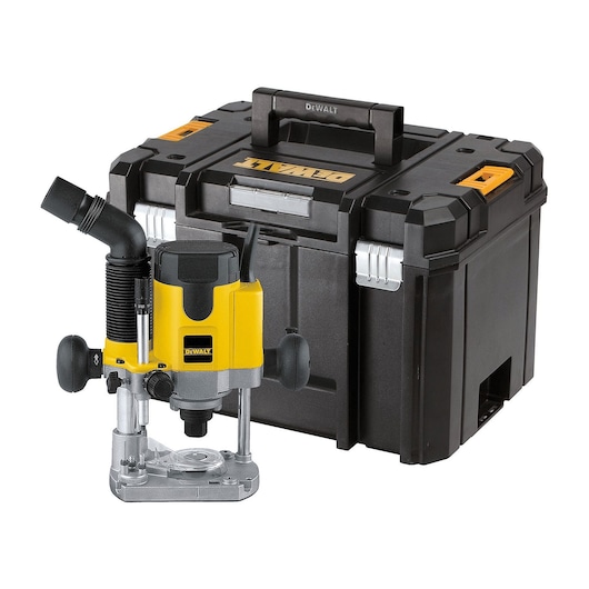 A DEWALT plunge router with a yellow and black body, displayed in front of a large black and yellow carrying case with a handle.