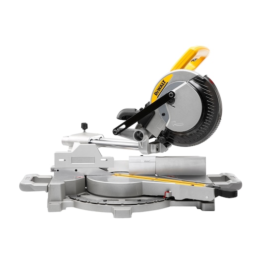 DEWALT DW712 sliding compound miter saw with a silver and black body and a yellow handle, shown on a white background.