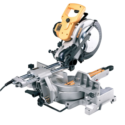 A DEWALT DW712 sliding compound miter saw with a yellow handle and silver base. The saw features a circular blade and is designed for precise woodworking and cutting tasks.