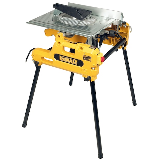 A DEWALT DW743N yellow and black combination table saw and mitre saw with foldable legs.