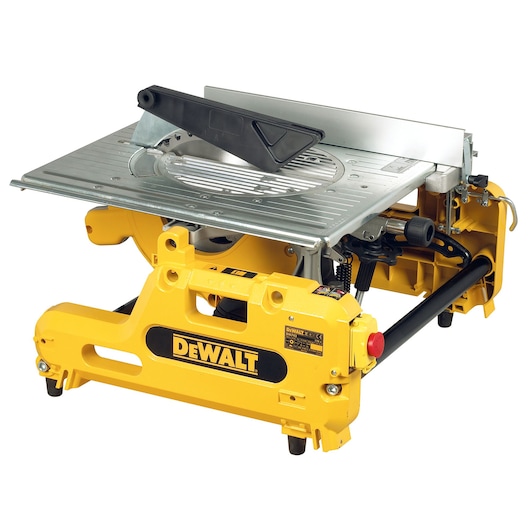 A DEWALT DW743N yellow and silver table saw with a sturdy frame, a circular saw blade, and protective guard, used for woodworking and cutting tasks.