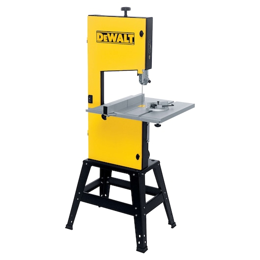 A yellow and black DEWALT band saw standing on a black metal frame, used for precise cutting in woodworking and metalworking.