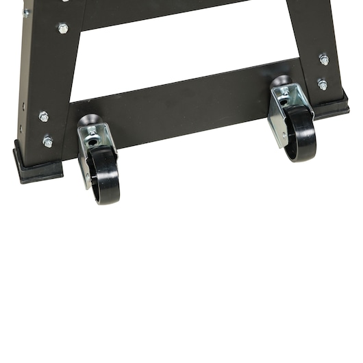Close-up of the lower portion of a black metal stand with two swivel caster wheels attached, used for mobility and support.