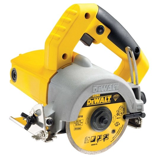 DEWALT yellow and black handheld electric tile cutter with a circular blade, ergonomic handle, and safety guard.
