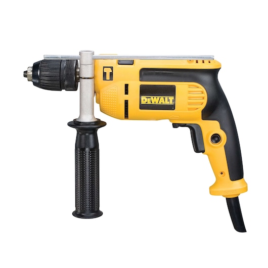 A DEWALT branded yellow and black corded electric drill with a side handle, designed for professional and home use.