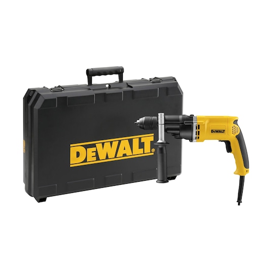 A DEWALT corded electric drill with a side handle is shown next to a black carrying case with the DEWALT logo in yellow.