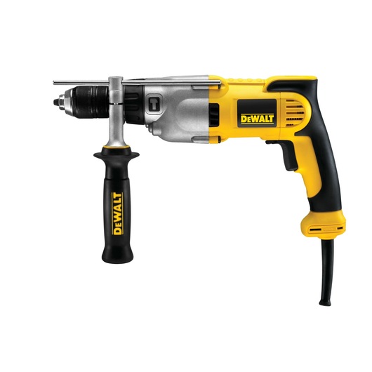 A DEWALT corded electric hammer drill with a yellow and black handle, side assist grip, and depth rod, shown against a white background.