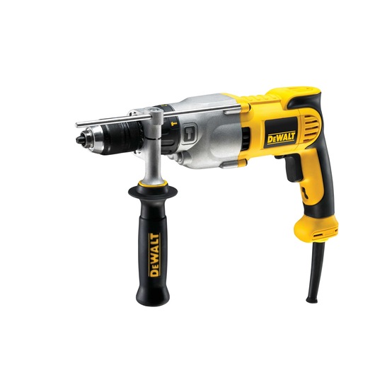 A DEWALT corded electric drill with a side handle, black and yellow in color, shown against a white background.
