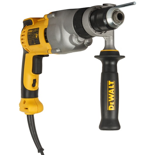 A DEWALT corded electric drill with a side handle for enhanced stability, designed for heavy-duty drilling tasks.