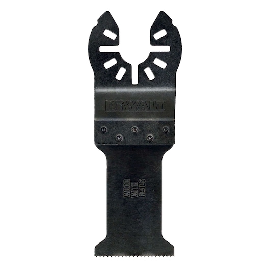 A DEWALT branded oscillating tool accessory blade, designed for cutting wood with nails, shown against a white background.