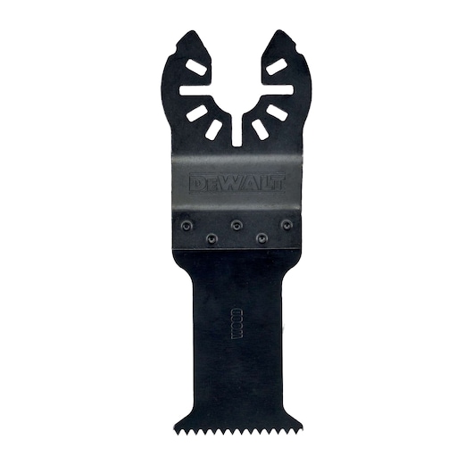 A DEWALT branded oscillating multi-tool wood blade attachment, featuring a black metal construction with a serrated edge at the bottom.