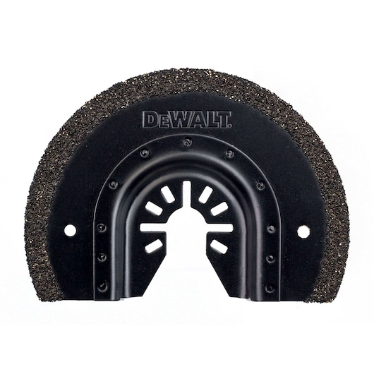 A DEWALT branded semicircular black carbide blade attachment for a power tool, with a textured cutting edge designed for grout and tile removal.