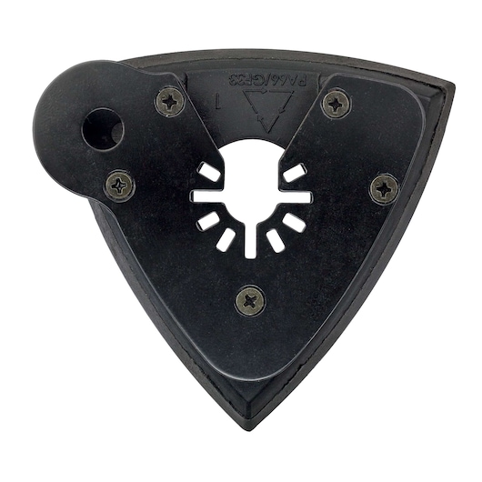 A close-up image of a triangular black accessory attachment plate, designed for a DEWALT oscillating multi-tool, featuring several screws and mounting holes.