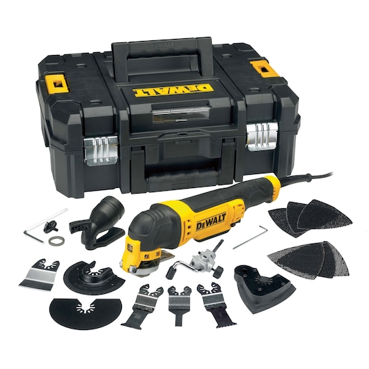 A DEWALT DWE315KT multi-tool kit with a black and yellow oscillating power tool, assorted blades, sanding pads, attachments, and a sturdy black carrying case with DEWALT branding.