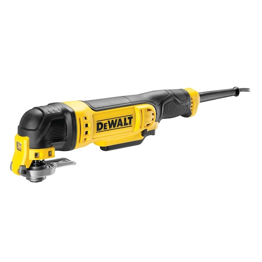 A DEWALT DWE315 corded oscillating multi-tool with a yellow and black body, featuring a blade attachment and ergonomic handle.