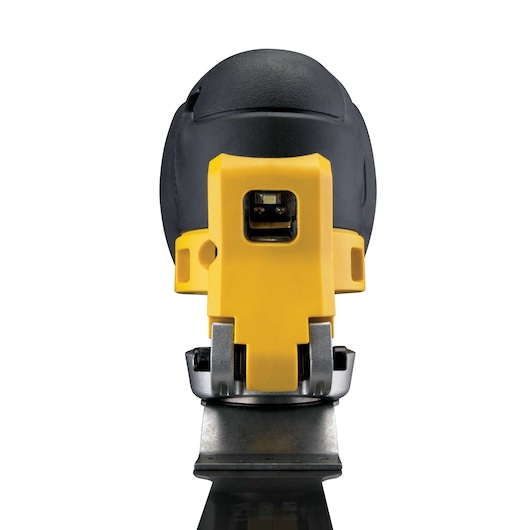 Front view of a DEWALT oscillating multi-tool, SKU DWE315, with a yellow and black body and attached cutting blade, photographed on a white background.