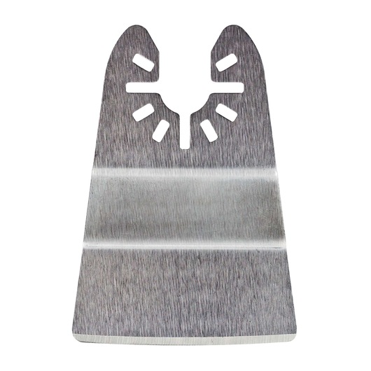 A close-up image of a metal oscillating tool blade designed for use with DEWALT tools. The blade is flat, with a wide cutting edge and slots near the top for attachment.