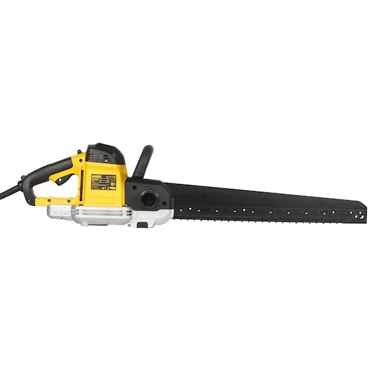 A DEWALT electric alligator saw with a yellow and black handle, shown from the side with a long black blade. The tool is designed for cutting materials such as wood or insulation.