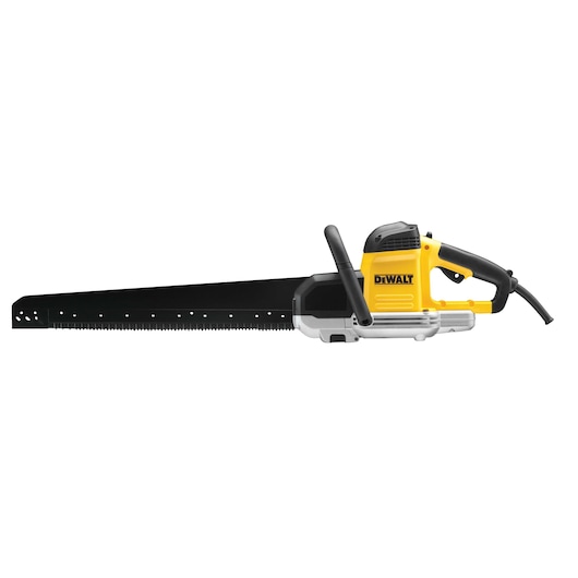 A DEWALT electric alligator saw with a long black blade and yellow body, shown against a white background.