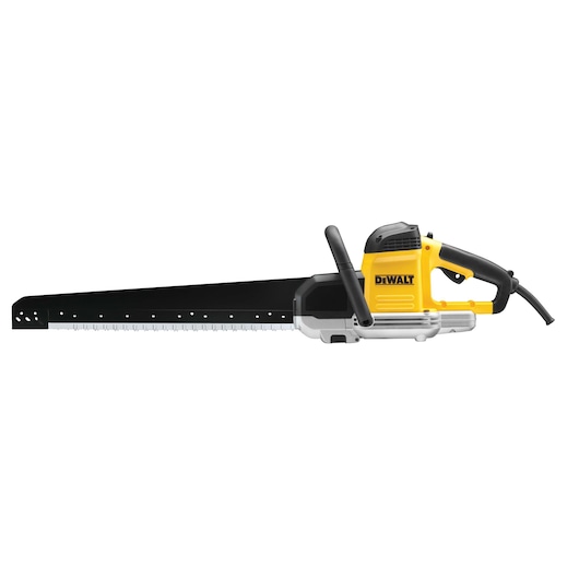 A DEWALT electric alligator saw with a long dual-blade design, featuring a yellow and black body, a handle, and a power cord, designed for heavy-duty cutting tasks.