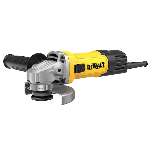 DEWALT angle grinder with yellow body, black handle and protective guard on the disc, shown on a white background.