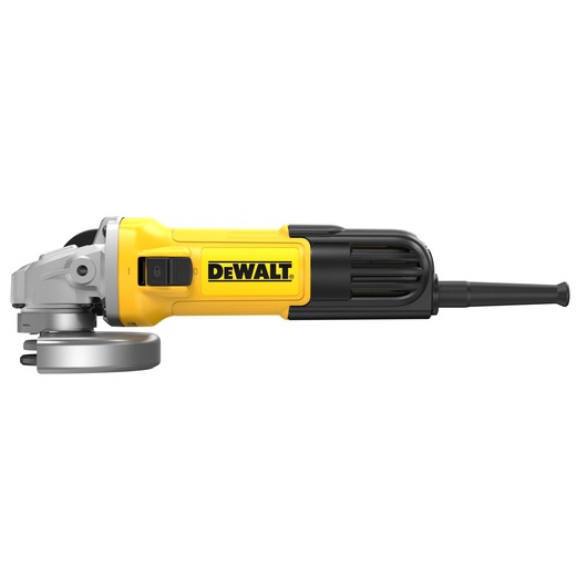 DEWALT DWE4036 yellow and black angle grinder with side handle and power cord, shown on white background.