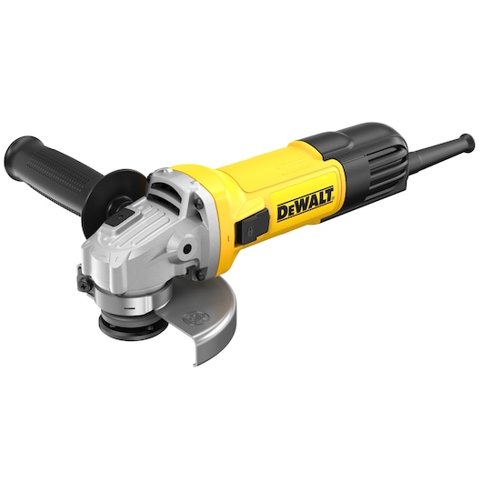 DEWALT yellow and black angle grinder with side handle on a white background.