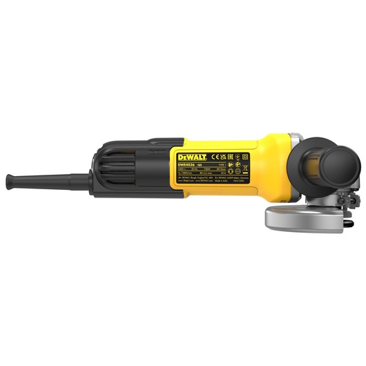 DEWALT DWE4036 yellow and black angle grinder with side handle and safety guard.