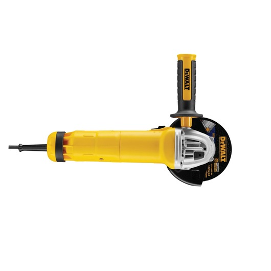 A yellow and black DEWALT angle grinder with a side handle, shown from the side against a white background.
