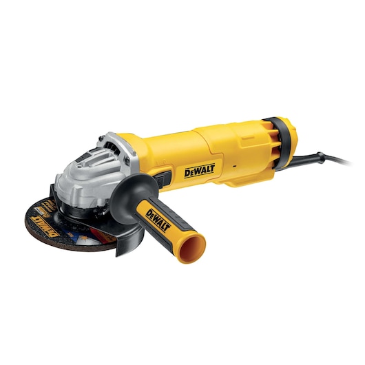 A yellow DEWALT branded angle grinder with a black handle and power cord, model DWE4237, designed for cutting, grinding, or polishing tasks.