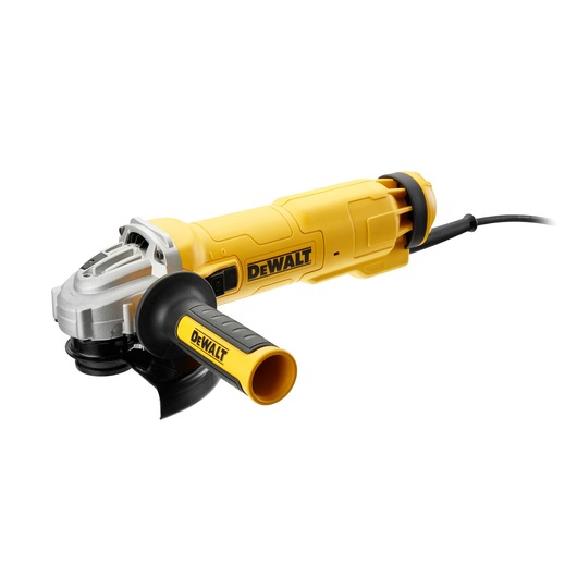 A yellow and black DEWALT angle grinder with a side handle and power cord, shown on a white background.