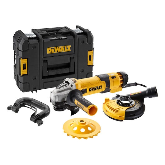 A DEWALT angle grinder kit including a yellow and black power tool, a sturdy black carrying case with DEWALT branding, multiple attachments, and accessories, arranged on a white background.
