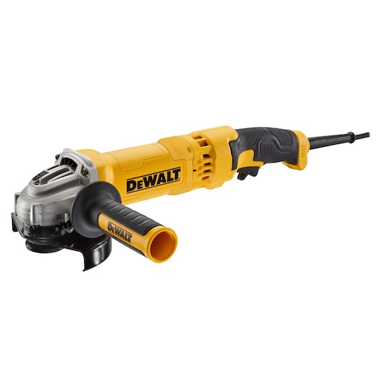 A DEWALT branded yellow and black electric angle grinder with a side handle and a cord, shown against a white background.