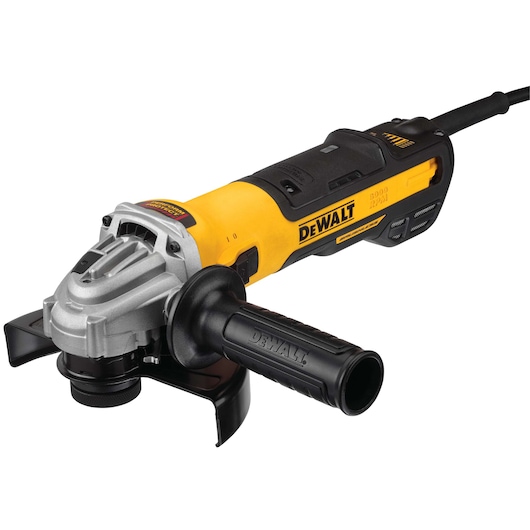 A DEWALT DWE4347 angle grinder with a yellow and black body, side handle, and power cord.