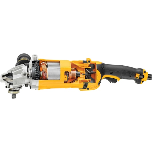 A DEWALT angle grinder with a partially cutaway casing showing internal components such as gears, motor, and wiring. The tool has a yellow and black design and is powered by a cord.