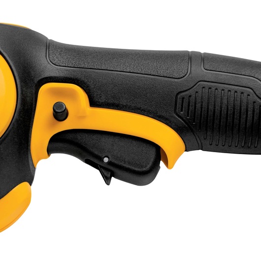 Close-up of a DEWALT tool handle with a yellow and black trigger and textured grip.