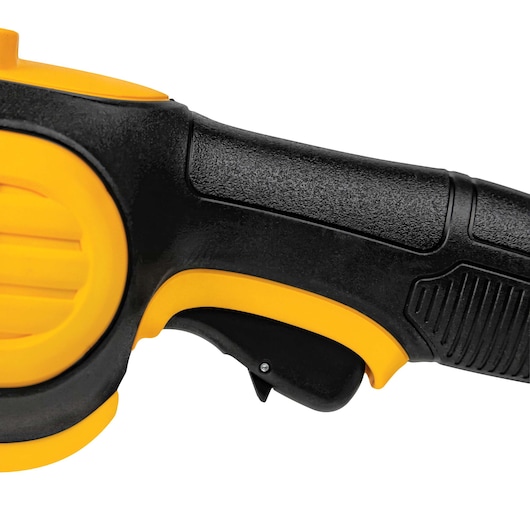 Close-up of a DEWALT power tool handle and trigger in black and yellow colors against a white background.