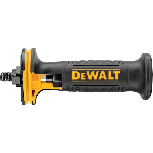 DEWALT black and yellow side handle accessory for power tools, with textured grip and mounting screw.