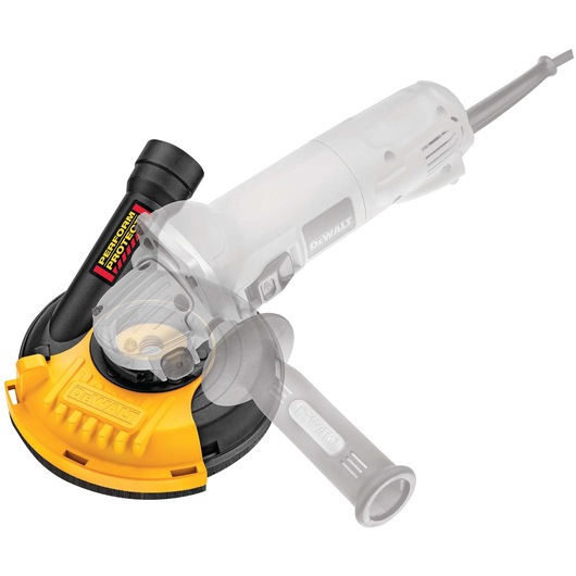 A DEWALT Perform & Protect angle grinder dust shroud attachment in yellow and black, shown on a semi-transparent angle grinder tool.