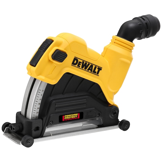 A DEWALT branded power tool, specifically a dust shroud for an angle grinder, with a yellow and black design and labeled 'Perform Protect'.