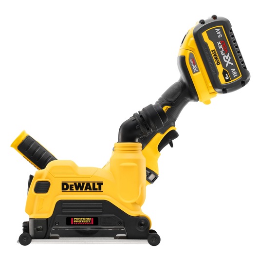A DEWALT DWE46225 cordless power tool, featuring a yellow and black design, shown on a white background. The tool has a handle labeled XR FLEXVOLT with an attached battery pack and Perform & Protect branding.