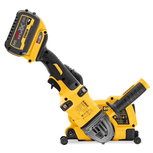 A DEWALT cordless power tool with yellow and black colors, featuring an 18V XR FLEXVOLT lithium-ion battery. The device is designed for professional use, with ergonomic handles and various labels indicating specifications. It appears to be a wall chaser or similar cutting tool.