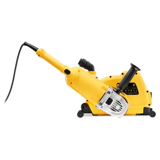 Side view of a yellow DEWALT electric wall chaser tool with a black handle and power cord, designed for cutting grooves into walls.