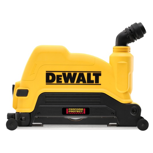 Side view of a DEWALT-branded yellow and black power tool, specifically a concrete cutting saw with a dust extraction attachment.