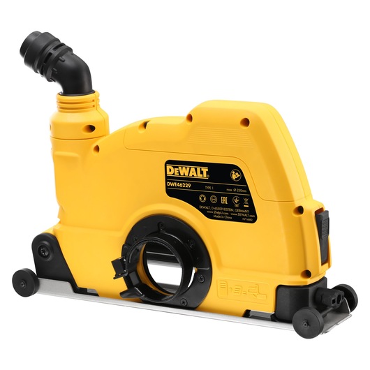 Yellow DEWALT DWE46229 power tool dust shroud with a black hose attachment and wheels, designed for use with cutting and grinding tools.