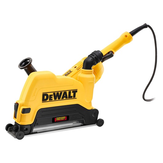 A DEWALT branded electric wall chaser with a yellow and black body, used for cutting channels in walls for cables or pipes. The device features a dust extraction nozzle and a power cord.