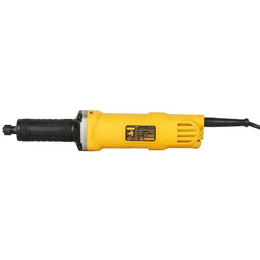 Yellow DEWALT electric die grinder with black grip and attached power cord, shown on white background.